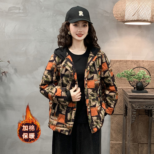 2025秋冬季新中式妈妈连帽棉服上衣印花洋气加厚小棉袄女短款棉衣