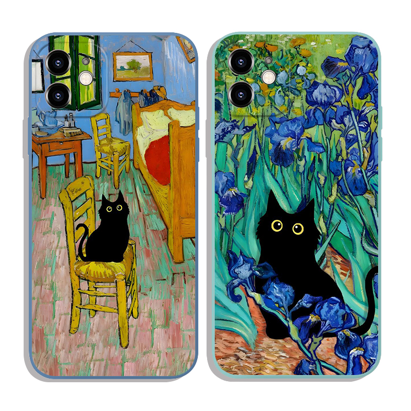 搞笑黑猫复古梵高油画土酷适用iPhone XS Max苹果16软壳15防摔14pro手机壳678plus