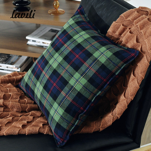 萨瑟兰绿纯棉磨毛格纹抱枕