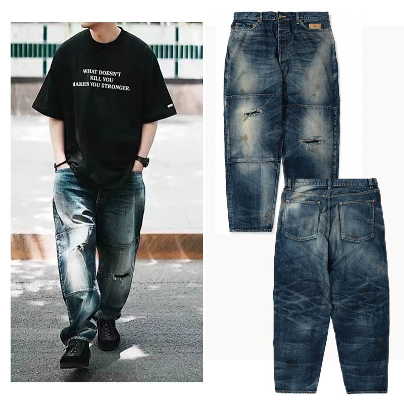 纽扣长补丁四季牛仔裤日产水洗