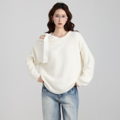 蝴蝶结斜肩套头加厚毛衣长袖女2025秋冬慵懒软糯宽松针织内搭上衣