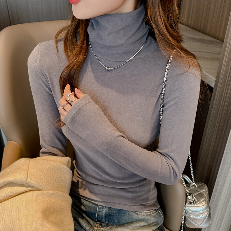 新款高领打底衫女秋冬内搭2025高级感白色堆堆领磨毛正肩加厚上衣