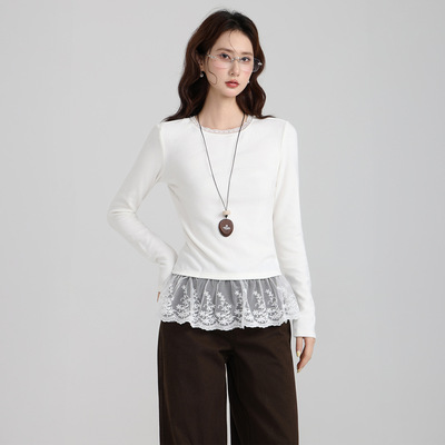 白色磨毛加厚下摆蕾丝长袖打底衫女2025秋冬内搭叠穿显瘦T恤上衣