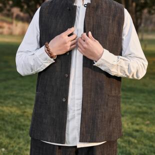 慈航布衣新中式小扣头暗襟咖啡色马甲毛棉