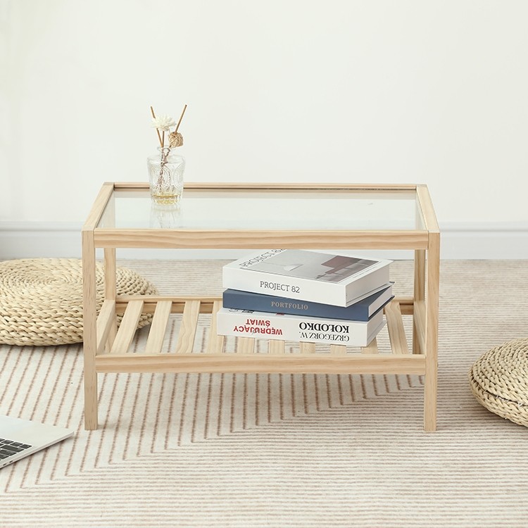 实木钢化玻璃茶几小户型日式沙发边几创意咖啡桌原木方形床头柜