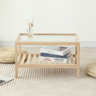 实木钢化玻璃茶几小户型日式沙发边几创意咖啡桌原木方形床头柜