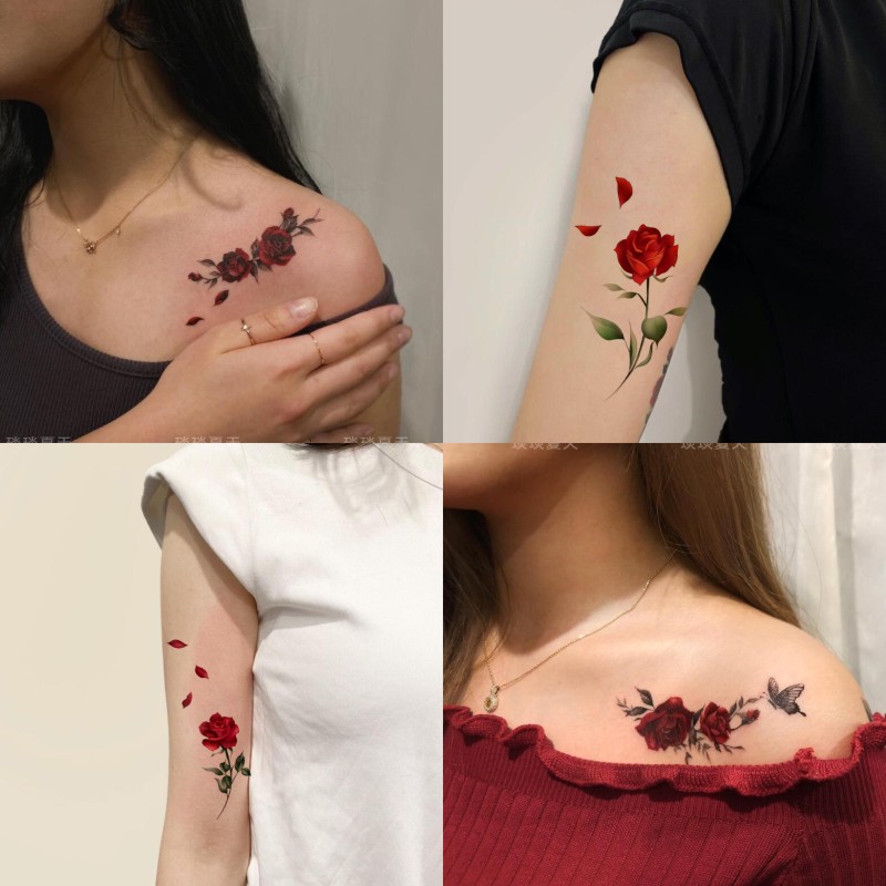 暗黑蝴蝶玫瑰花纹身贴手臂脚踝 ins唯美男女持久 防水锁骨花朵