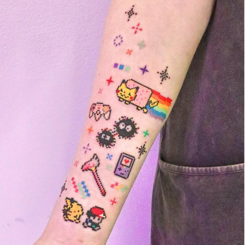 卡通宝可梦复古像素风卡通纹身贴男女持久逼真小清新花臂