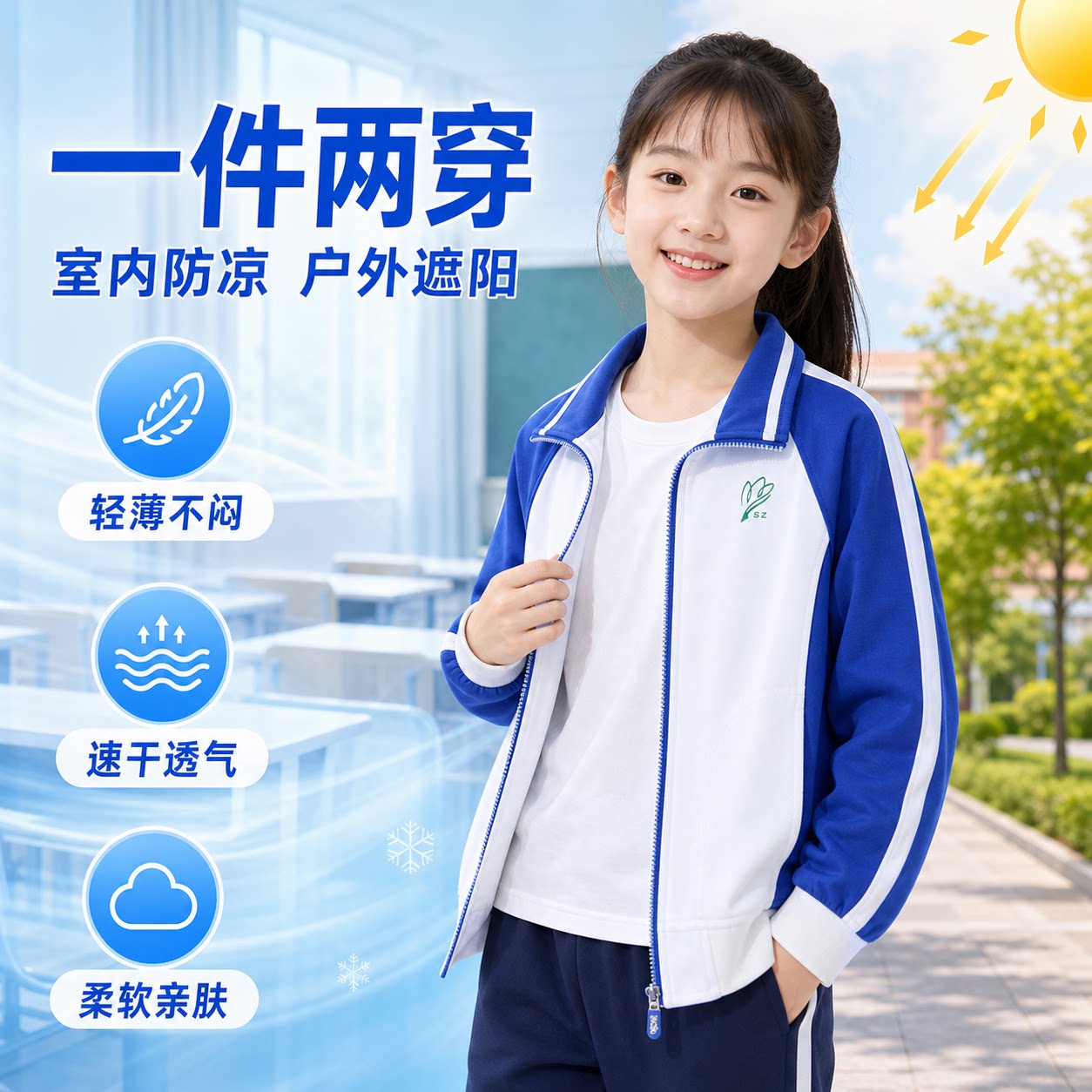 深圳幼升小学生夏季防晒校服索罗娜空调薄款外套轻柔透气冰感防蚊