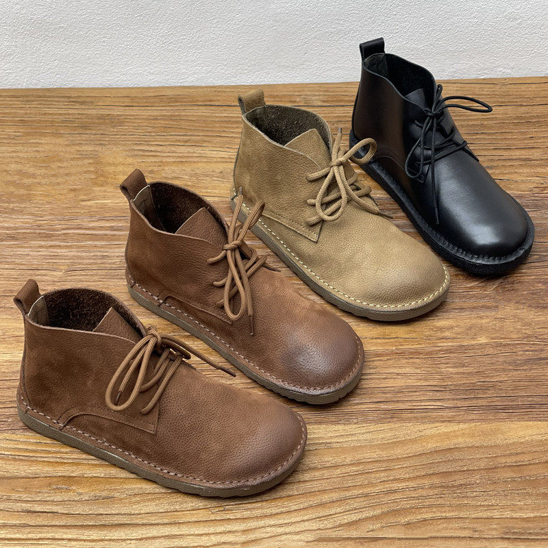 手工真皮短靴平底女靴秋新款复古休闲马丁靴头层牛皮系带短筒单靴