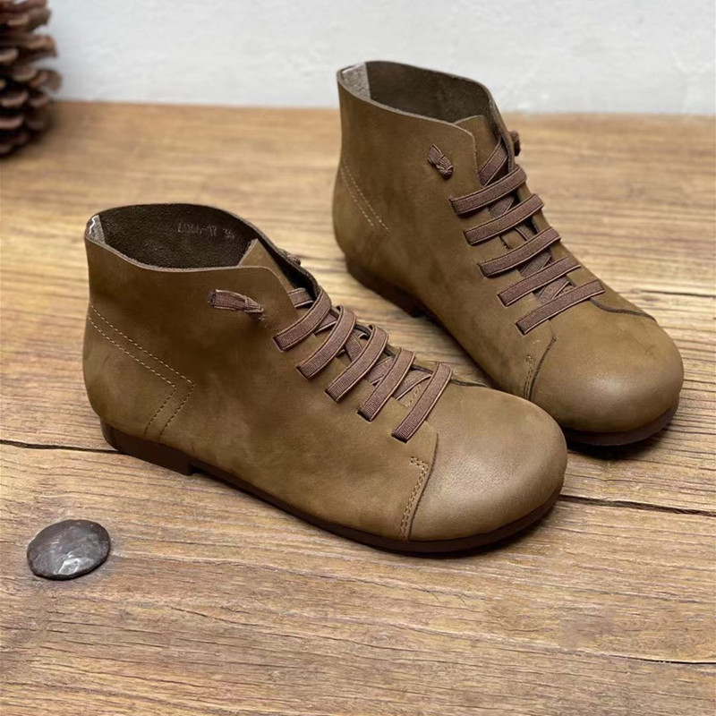 手工真皮平底女短靴21松紧套脚秋