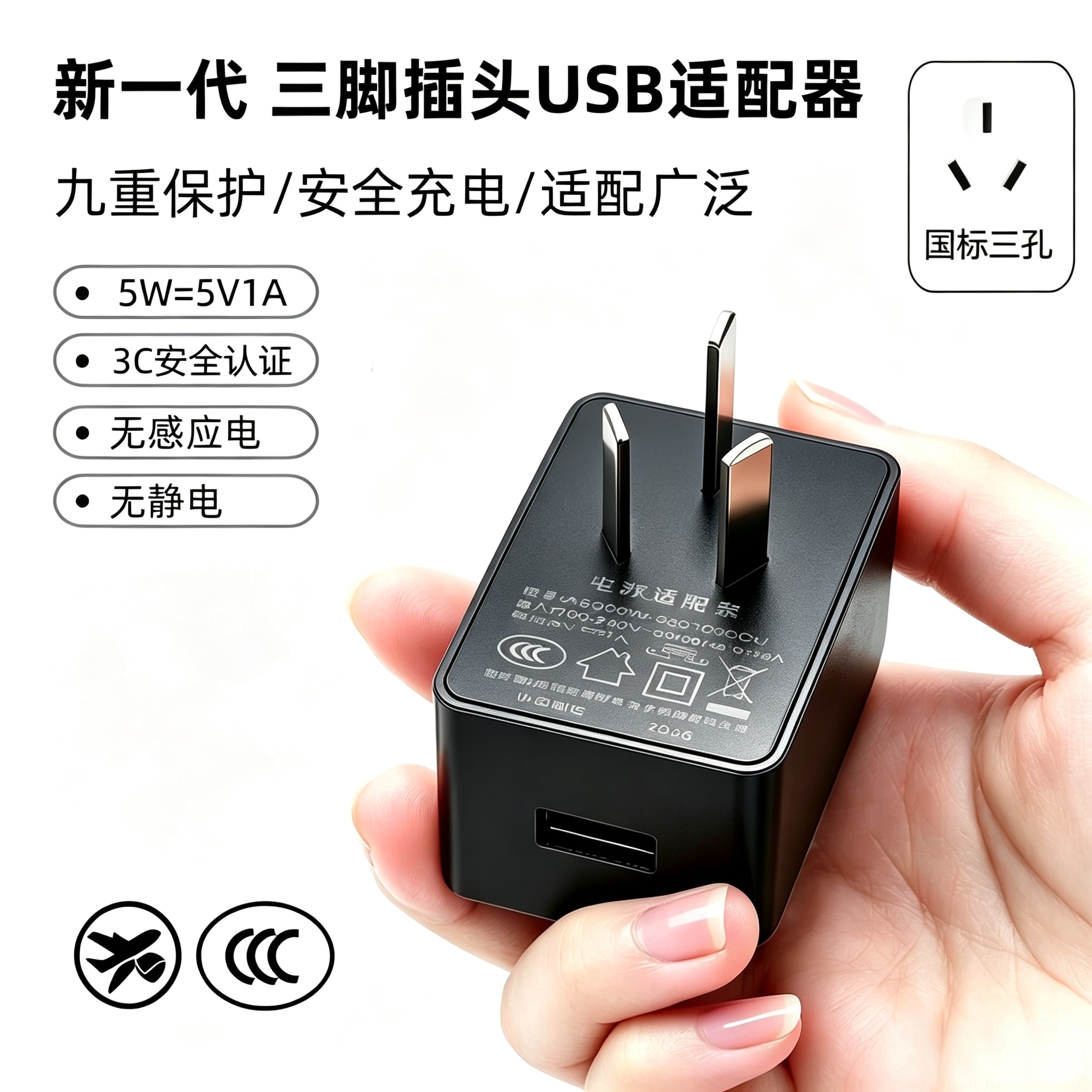 国标三孔充电器三插黑色三脚插头USB接口三角5V1a充电头侧开口5W小功率慢充宠物饮水机喂水器防漏电源适配器C