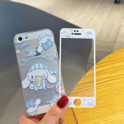 玉桂狗适用苹果4/5s卡通钢化膜手机壳套装iPhone6p/7/8plus可爱壳膜全套6s可爱彩膜防摔全覆盖高清玻璃保护膜