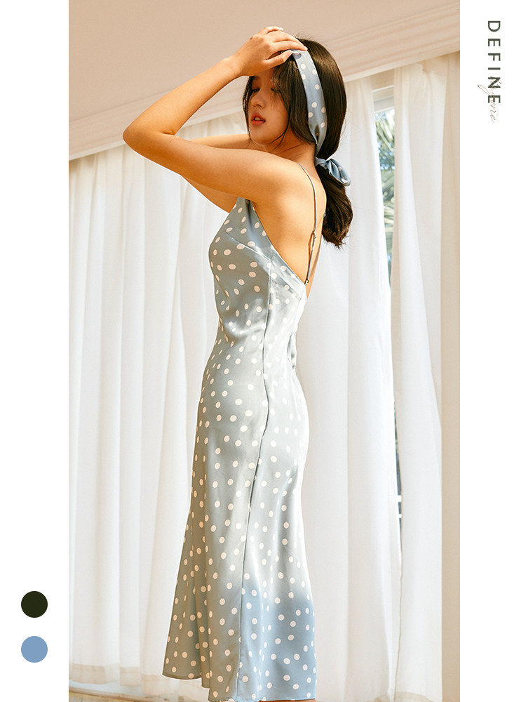 法式仿真波点复古风性感吊带睡裙