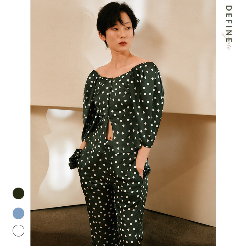 define法式仿真丝质绸缎波点睡衣