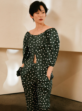 DEFINE法式睡衣春季女仿真丝质绸缎波点短袖睡衣长裤家居服两件套