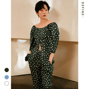 DEFINE法式睡衣春季女仿真丝质绸缎波点短袖睡衣长裤家居服两件套