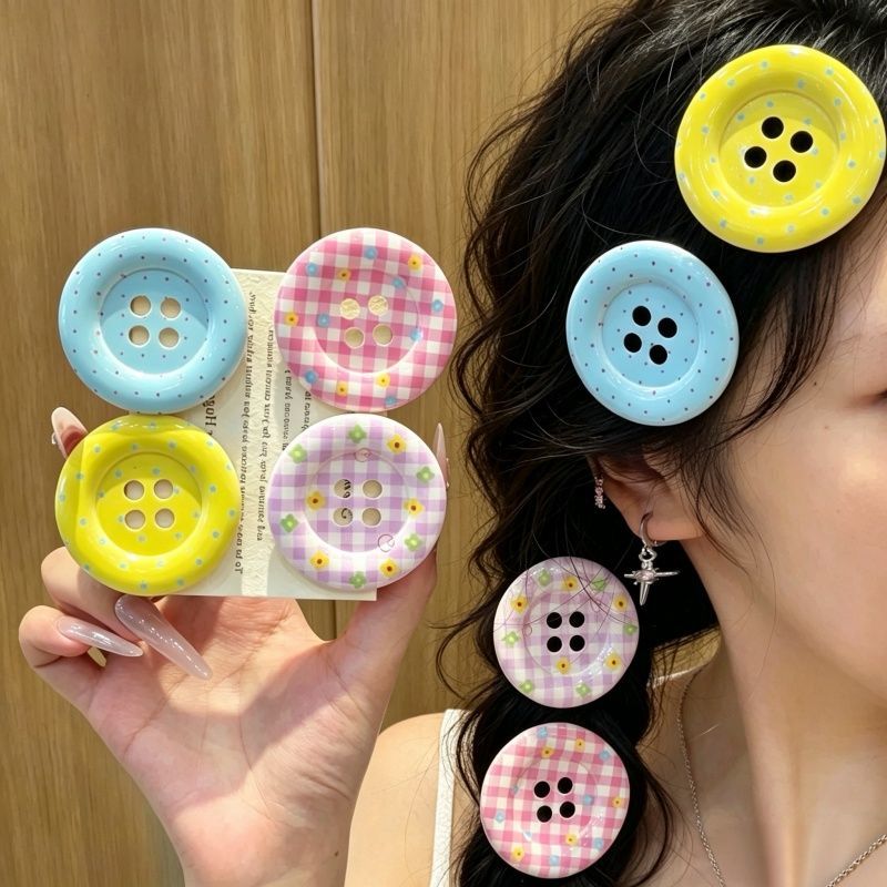 多巴胺彩色大号碎花波点纽扣发夹可爱甜美刘海边夹少女卡通鸭嘴夹