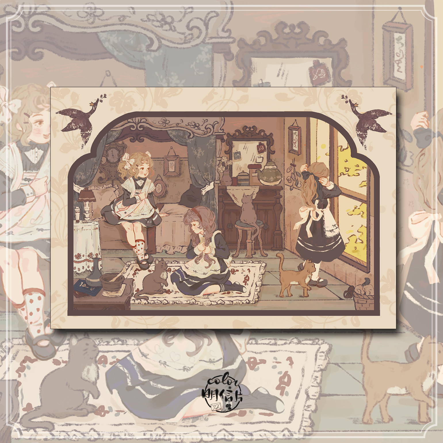 thumbnail for [Color] 500G thickened "Weekend Gathering" cat Lolita style original postcard