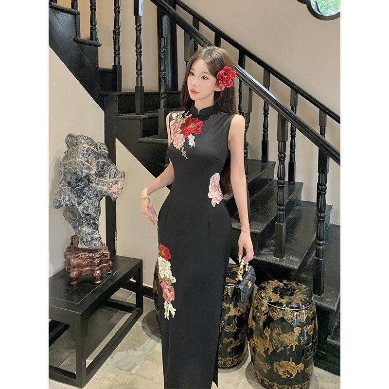 洛士女上档次新款夏季日常大气黑色新中式贴花高端旗袍改良连衣裙