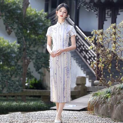 爱旗年轻款修身改良国风长款女新款优雅夏季旗袍中式2025文艺短袖