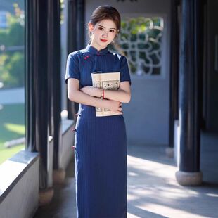 苏堇仿中长款 复古风麻侧夏2025小个子旗袍竹节改良旗袍新中 扣新款