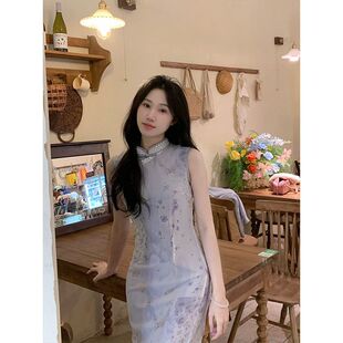 洛士素雅少女新中式 改良旗袍日常文艺 温婉紫色复古连衣裙无袖 夏季