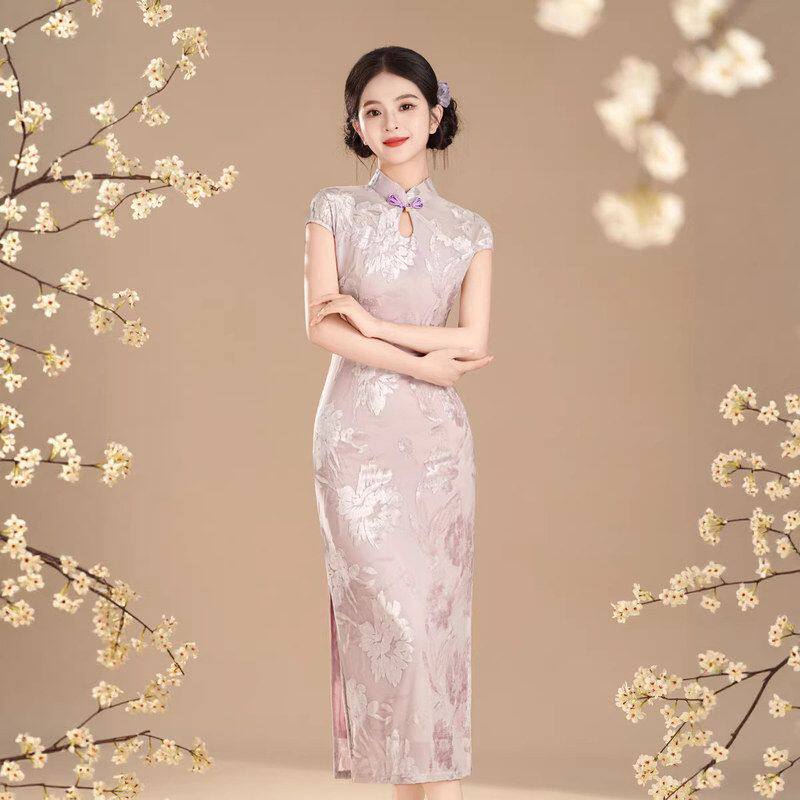 曼玉复古风淡紫色年轻新款春夏季连衣裙改良旗袍款国风新中式女敬