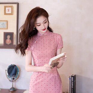 夏复古2025旗袍小 曼玉风粉色连衣裙春夏民国温柔波点甜美少女新款