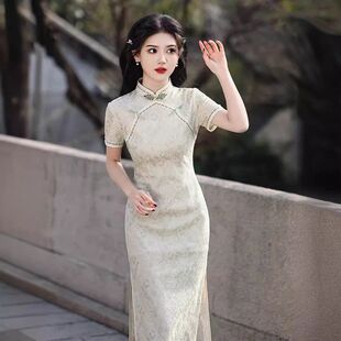 蕾 方襟清新旗袍 苏堇高级感蕾丝旗袍新款 复合春夏2024少女中长款