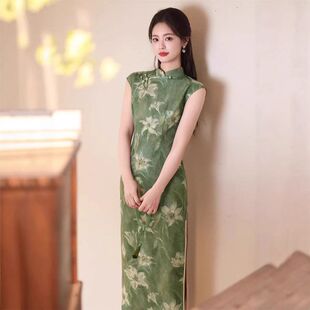 气质长款 苏堇旗袍绿色春夏旗袍2026新款 清新优雅小天丝麻印花无袖