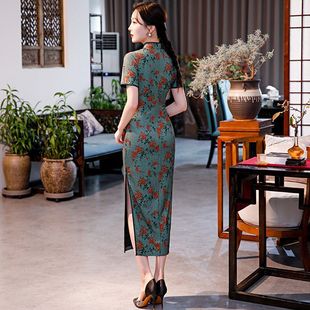 韵格长款24早春连衣裙复古风款改良旗袍款印花旗袍年轻修身立领民