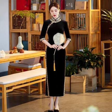 爱旗改良旗袍黑色2024长款国风新中式新款春秋装女走秀金丝绒复古