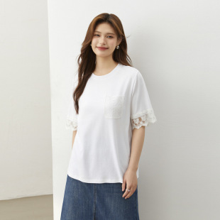 减龄甜美花边拼接袖 女装 口纯棉舒适T恤胖mm202 纤莉秀大码 2026新款
