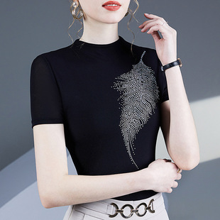 时尚 洋气纱衣小衫 网纱烫钻短袖 新款 纯色百搭女 T恤女夏季 2026新款