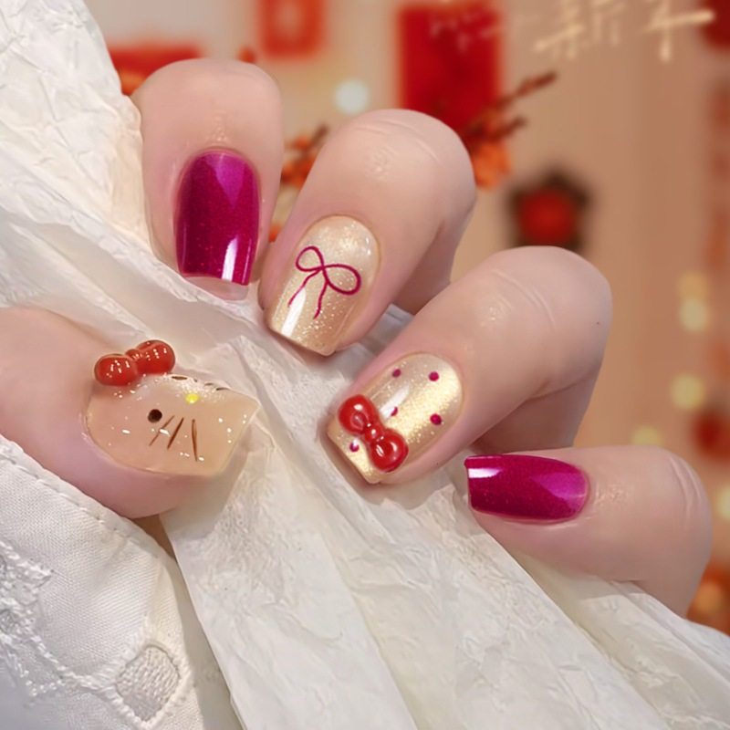 纯手工儿童美甲穿戴甲短款紫色猫咪蝴蝶结猫眼指甲贴片2026年新款,彩妆/香水/美妆工具,美甲工具,淘宝优惠券,粉丝福利购,淘宝优惠卷