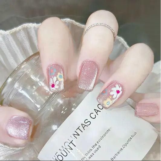 手工儿童美甲穿戴甲感短款粉色繁花猫眼假指甲贴片2026年新款,彩妆/香水/美妆工具,美甲工具,淘宝优惠券,粉丝福利购,淘宝优惠卷