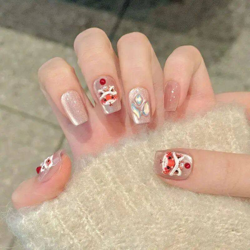 儿童美甲灵蛇浮雕满钻假指甲