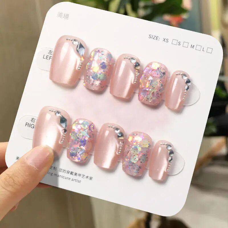 儿童美甲珐琅银珠短款假指甲