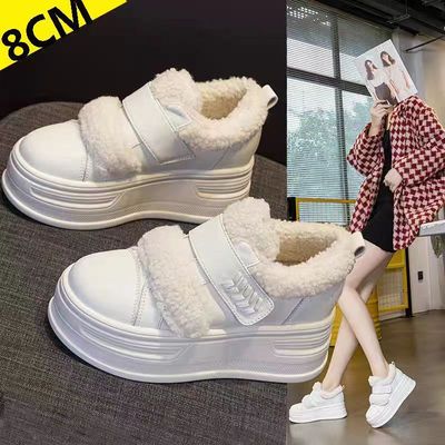 厚底内增高8cm小白鞋女冬季加绒2025新款魔术贴真皮松糕毛毛女鞋