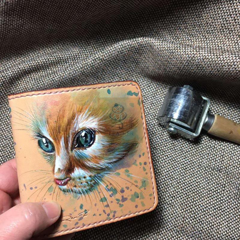 包邮 手绘进口植鞣皮猫系列拉链卡套/卡包/钱包