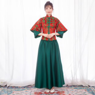 女士伴娘团绿色长款连衣裙个性创意姐妹团伴娘服中式婚礼服中国风