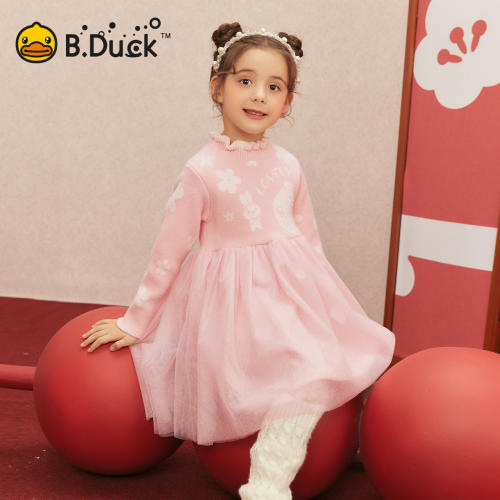 bduck小黄鸭童装冬季女童毛衣红色连衣裙拜年服105-150 FF5580031