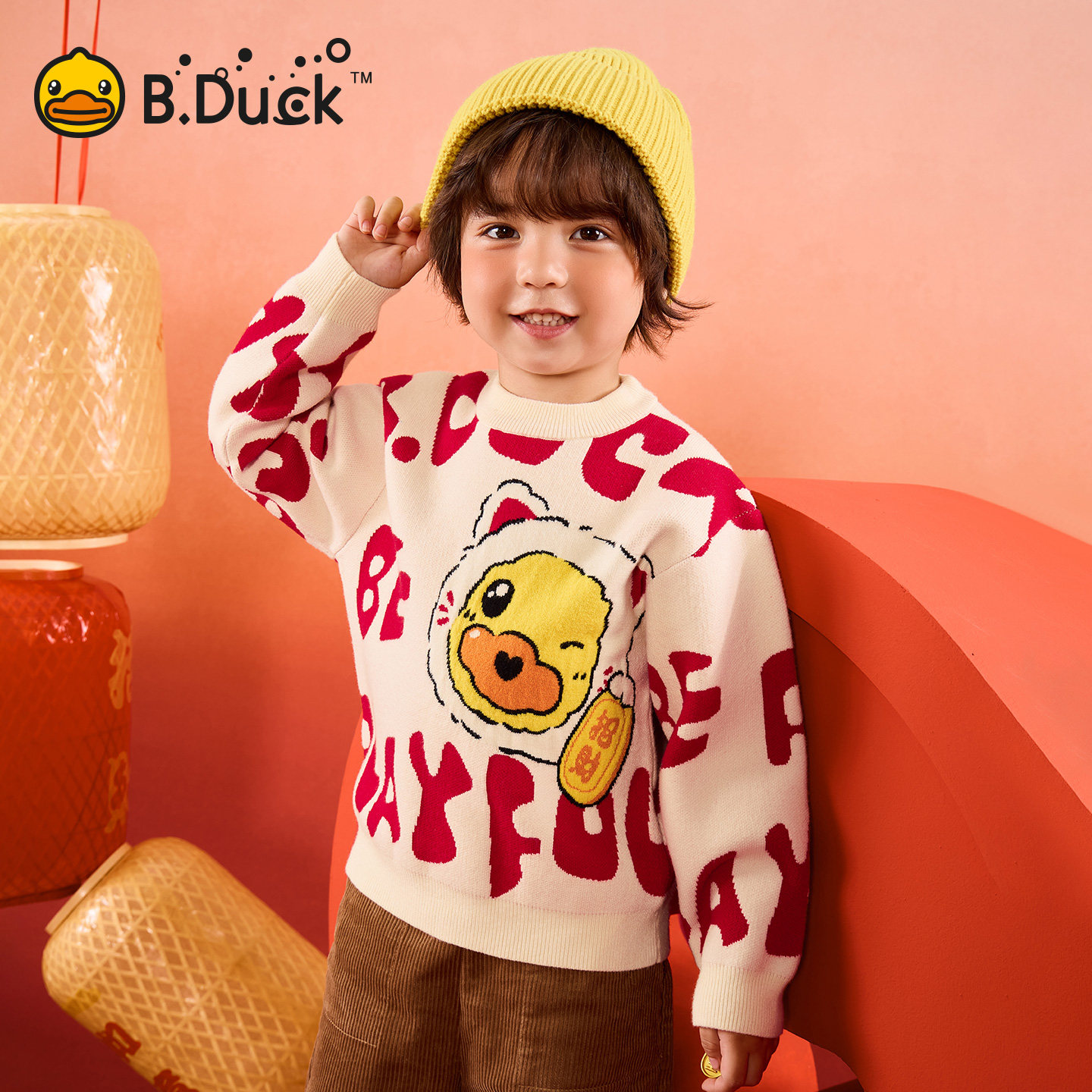bduck小黄鸭童装男童毛衣冬季拜年服儿童针织衫新年上衣冬装毛衫图片