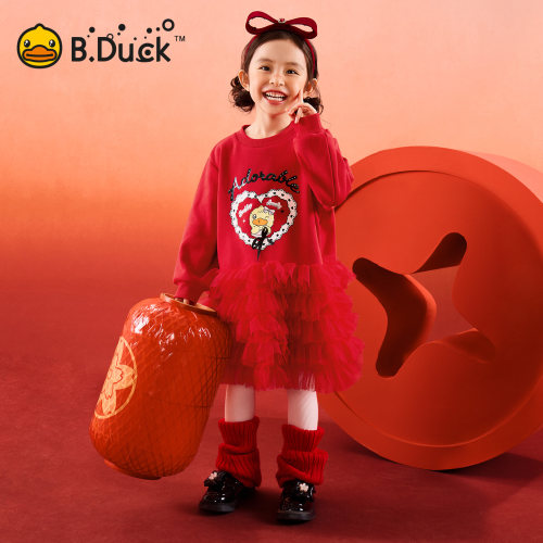 [抗菌加绒]bduck小黄鸭童装女童连衣裙冬装儿童红色拜年服网纱裙