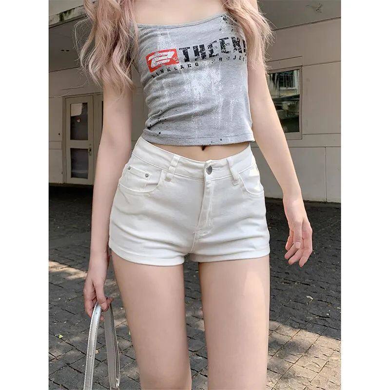 时尚辣妹性感白色弹力包臀牛仔短裤女高腰紧身高级感百搭直筒热裤