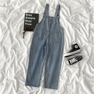 宽松直筒九分裤 女韩版 ins复古学生小个子牛仔背带裤 2021春秋新款