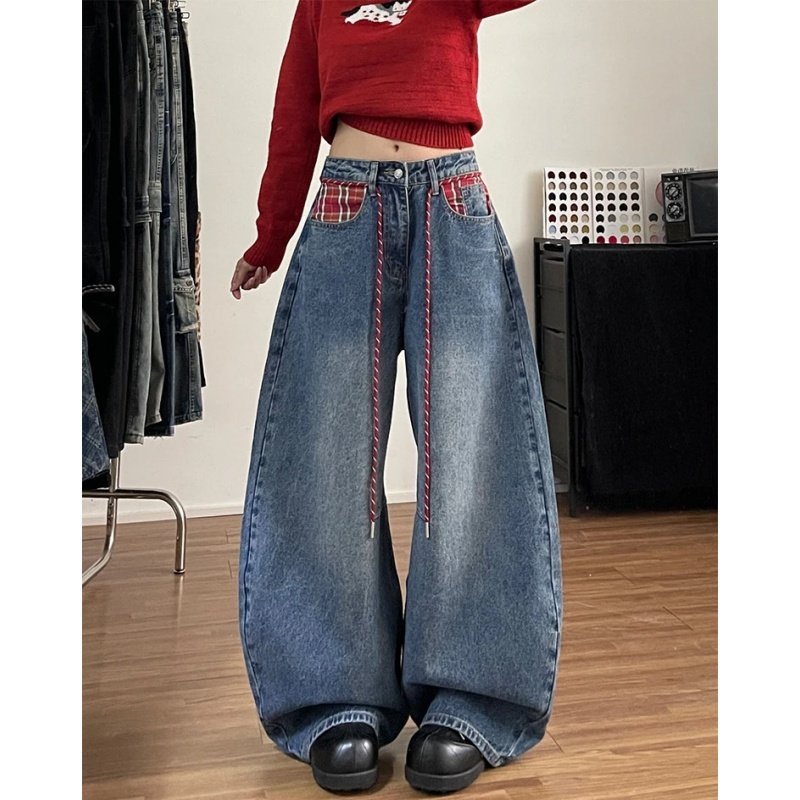 美式复古格子口袋设计弯刀牛仔裤女春季高腰显瘦直筒阔腿拖地长裤,女装/女士精品,牛仔裤,淘宝优惠券,粉丝福利购,淘宝优惠卷