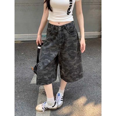 美式复古高腰牛仔七分裤女款迷彩裤子夏季新款2025年直筒阔腿中裤