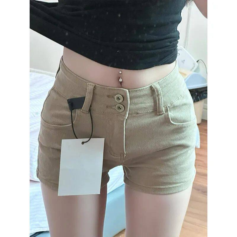 卡其色美式复古牛仔短裤女2025夏季新款紧身显瘦直筒包臀辣妹热裤